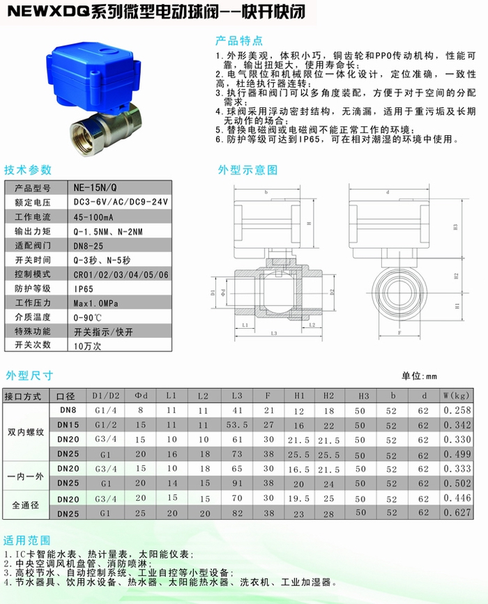 微型電動球閥 技術參數